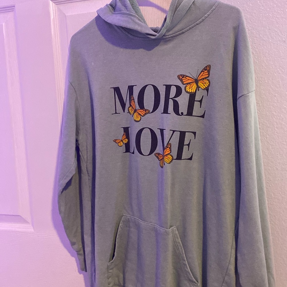 Green “More Love” hoodie dress woman with butterflies